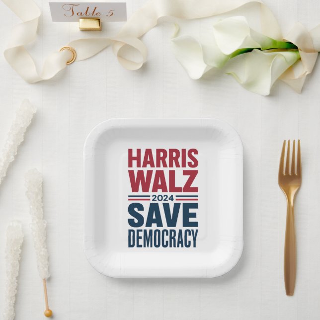Harris Walz Save Democracy Paper Plate (Wedding)