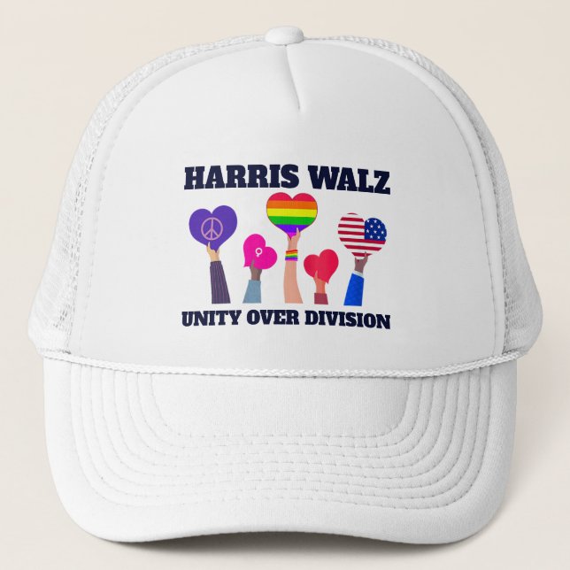 Harris Walz Unity Over Division LGBTQ Dark Blue Trucker Hat (Front)