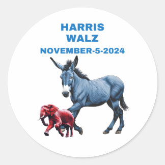 Harris/Walz, vote blue, donkey,elephant, elections Classic Round Sticker
