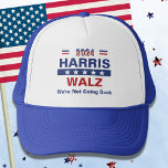 Harris Walz We're Not Going Back Trucker Hat<br><div class="desc">Stand out with this trucker hat supporting the Harris/ Walz campaign ticket. Features stylised red,  white and blue  stylised lettering in bold  eye-catching pattern. Text caption "We're Not Going Back" is editable.</div>