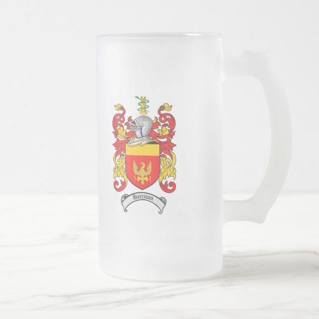 HARRISON FAMILY CREST -  HARRISON COAT OF ARMS FROSTED GLASS BEER MUG (Right)