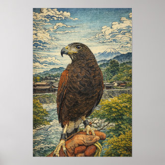 Harris's Hawk Ukiyo-e - Japanese Falconry Wall Art