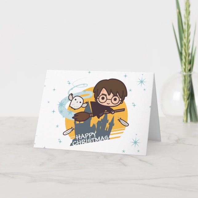 Harry and Hedwig Flying Past Hogwarts Christmas Holiday Card (Front)