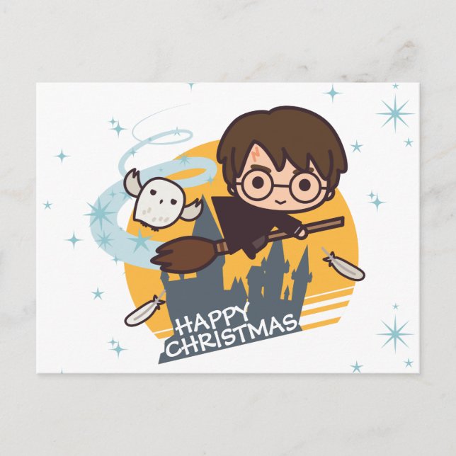 Harry and Hedwig Flying Past Hogwarts Christmas Holiday Postcard (Front)