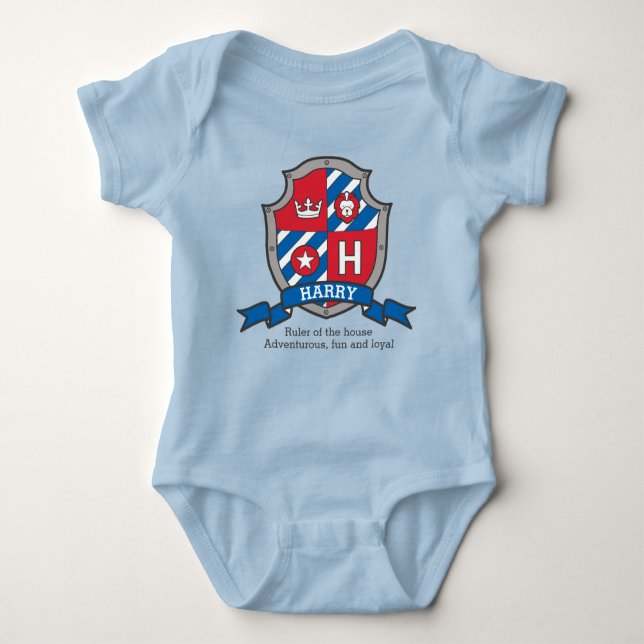 Harry boys name meaning letter H knights shield Baby Bodysuit (Front)
