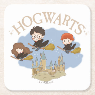 HARRY POTTER™, Hermione, & Ron Fly Over HOGWARTS™ Square Paper Coaster
