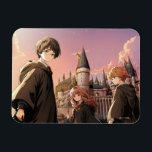 HARRY POTTER™ Hermione & Ron HOGWARTS™ Anime Scene Magnet<br><div class="desc">Step into the wizarding world with this stunning illustration featuring Harry Potter™, Hermione Granger, and Ron Weasley standing before the majestic towers of Hogwarts™ at sunset. Bathed in warm golden light and soft twilight hues, the trio stands ready for whatever magical adventure awaits. With wands in hand and Hogwarts rising...</div>