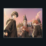 HARRY POTTER™ Hermione & Ron HOGWARTS™ Anime Scene Postcard<br><div class="desc">Step into the wizarding world with this stunning illustration featuring Harry Potter™, Hermione Granger, and Ron Weasley standing before the majestic towers of Hogwarts™ at sunset. Bathed in warm golden light and soft twilight hues, the trio stands ready for whatever magical adventure awaits. With wands in hand and Hogwarts rising...</div>