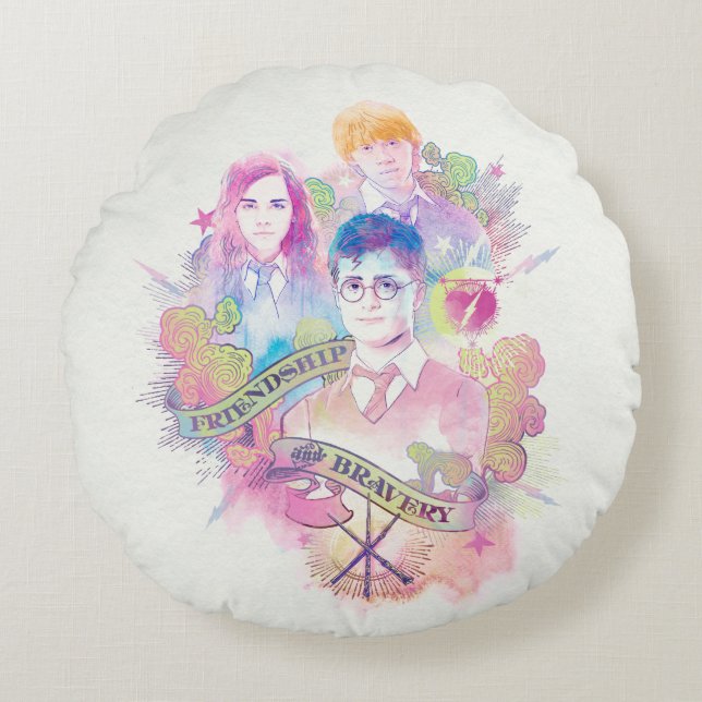Harry Potter Spell | Harry, Hermione, & Ron Waterc Round Cushion (Front)