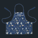 HARRY POTTER™ Summer Solstice Icon Pattern Apron<br><div class="desc">Dive into a starry night of wizarding wonder with this enchanting magical icons pattern. Set against a deep midnight-blue background, this all-over print features a delightful mix of floating letters, golden snitches, wands, glasses, constellations, moons, lightning bolts, unicorns, and soaring owls. The celestial details and scattered sparkles create a dreamy,...</div>