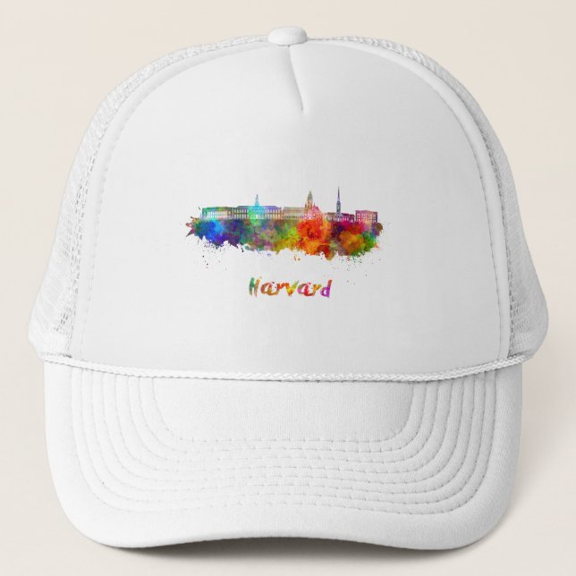 Harvard skyline in watercolor trucker hat (Front)