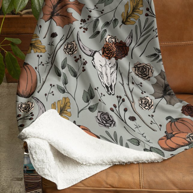 Harvest and Horns Cow Skull Sage Sherpa Blanket (Hand-Drawn Fall Harvest and Horns Pattern. Cow Skull, Roses, Pumpkins & Autumn Leaves. Sage Green.)