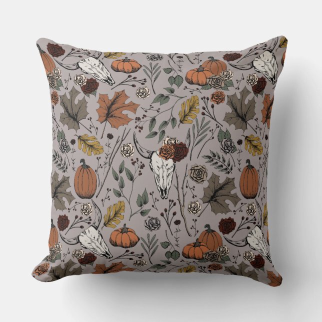 Harvest and Horns Cow Skull Taupe Cushion (Front)