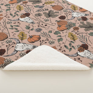 Harvest and Horns Cow Skull Vintage Rose Sherpa Blanket