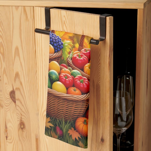 Harvest baskets, autumn orange, tea towel (Thirds Fold)