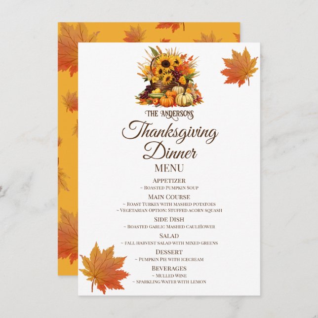 Harvest Bouquet&Fall Leaves Thanksgiving Dinner Menu (Front/Back)