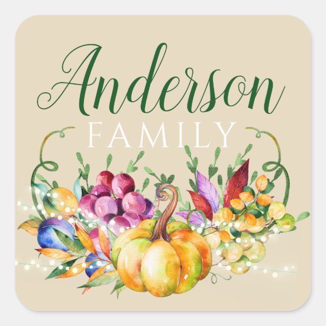 Harvest Bouquet Family Name Fall Square Sticker (Front)