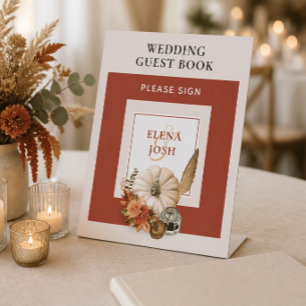 Harvest Chic White Pumpkin Wedding Guest Book Pedestal Sign