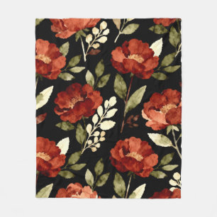Harvest Ember Pattern   Rust Red & Olive Floral  Fleece Blanket