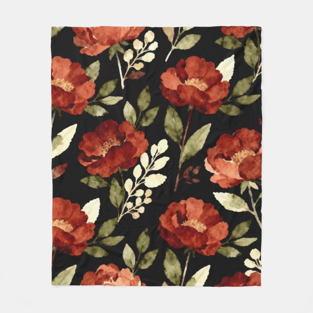 Harvest Ember Pattern | Rust Red & Olive Floral  Fleece Blanket (Front)