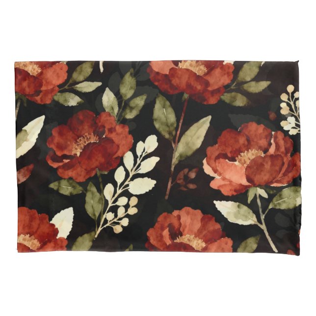 Harvest Ember Pattern | Rust Red & Olive Floral  Pillowcase (Front)