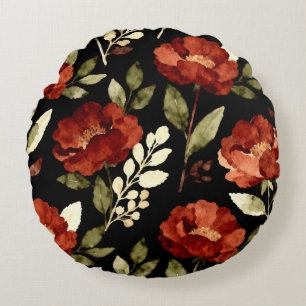 Harvest Ember Pattern   Rust Red & Olive Floral  Round Cushion