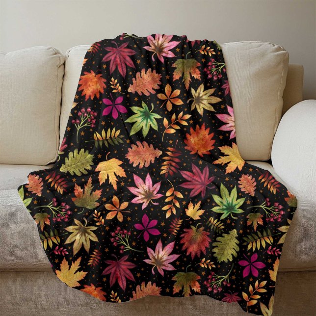 Harvest Fall Autumn Leaves Pattern on Black Fleece Blanket (Harvest Fall Autumn Leaves Pattern on Black Fleece Blanket)