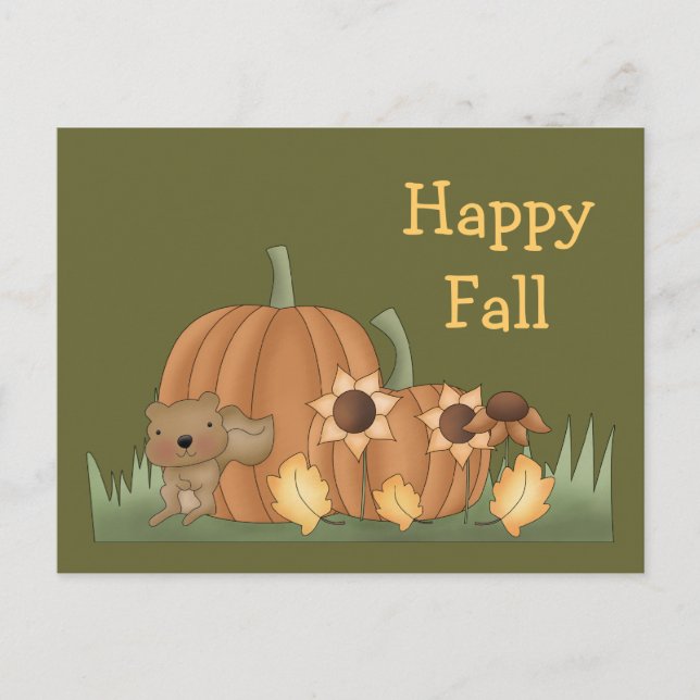 Harvest Fall Autumn Pumpkin Leaves Squirrel Postcard (Front)