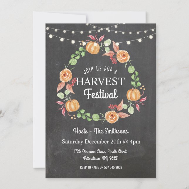 Harvest Festival Pumpkin Chalk Floral Invitation (Front)