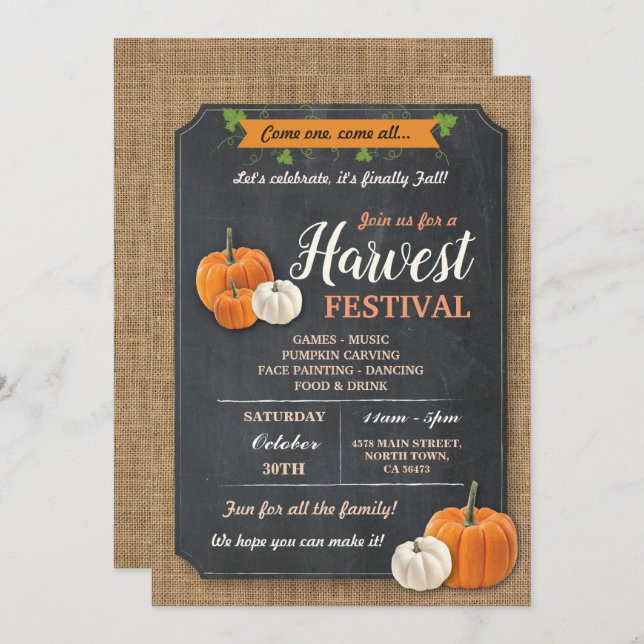 Harvest Festival Pumpkin Rustic Chalk Invite (Front/Back)