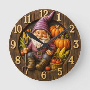 Harvest gnome with pumpkin rustic round clock