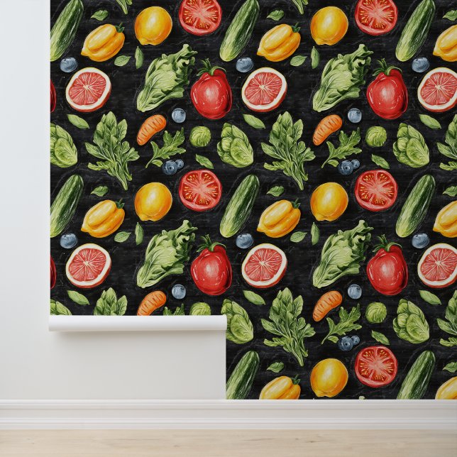 Harvest Grocery Veggies Pattern Chalk Drawing Wallpaper (Application)