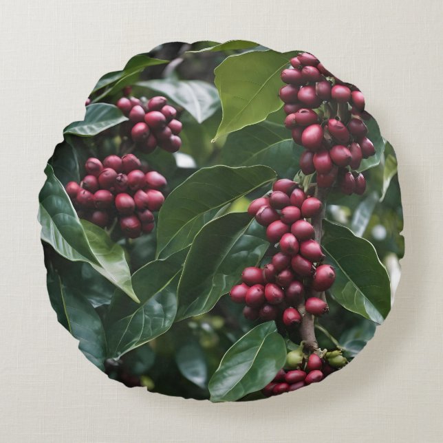 **"Harvest in Bloom: Coffee Beans on the Tree"** Round Cushion (Front)