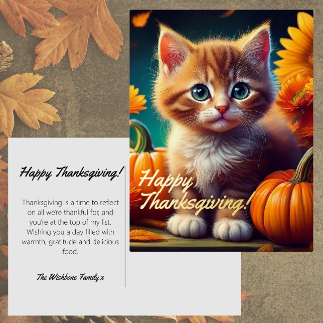 Harvest Kitten Orange Cat Pumpkin Thanksgiving Foil Holiday Postcard (Real Foil Happy Thanksgiving postcard Ginger Kitten Good Fortune Pumpkin Harvest greeting card)