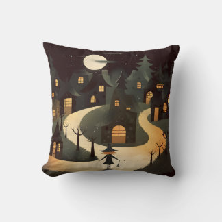 Harvest Moon Magic: Whimsical Witch Throw Pillow