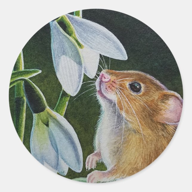 Harvest Mouse Smelling Snowdrops Watercolor Art Classic Round Sticker (Front)