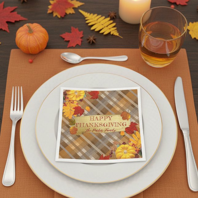 Harvest Plaid Pumpkins and Foliage Thanksgiving Napkin (Creator Uploaded)
