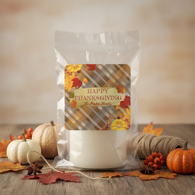 Harvest Plaid Pumpkins and Foliage Thanksgiving Square Sticker (Creator Uploaded)