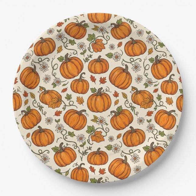 Harvest Pumpkin & Daisy Pattern Autumn Fall  Paper Plate (Front)