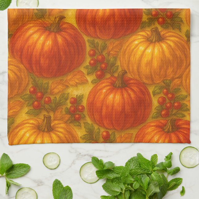 Harvest Pumpkin Pattern – Fall Thanksgiving Tea Towel (Folded)