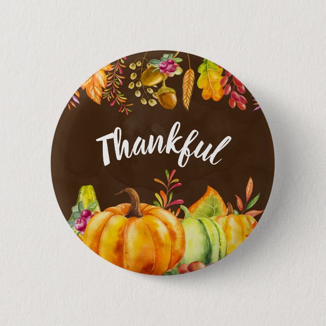 Harvest Pumpkins and Autumn Leaves Border Thankful 6 Cm Round Badge (Front)
