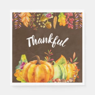 Harvest Pumpkins and Autumn Leaves Border Thankful Napkin