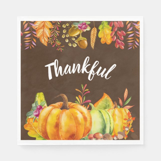 Harvest Pumpkins and Autumn Leaves Border Thankful Napkin (Front)