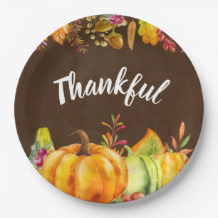 Harvest Pumpkins and Autumn Leaves Border Thankful Paper Plate