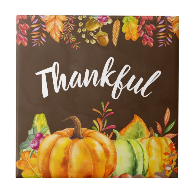 Harvest Pumpkins and Autumn Leaves Border Thankful Tile (Front)