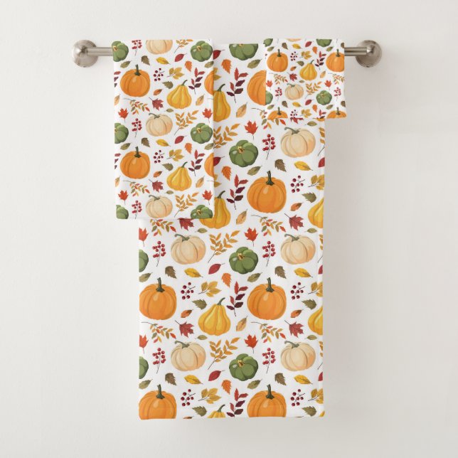 Harvest Pumpkins and Autumn Leaves Pattern Bath Towel Set (Insitu)