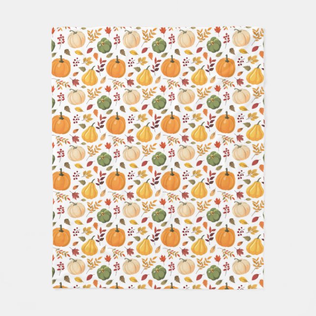 Harvest Pumpkins and Autumn Leaves Pattern Fleece Blanket (Front)