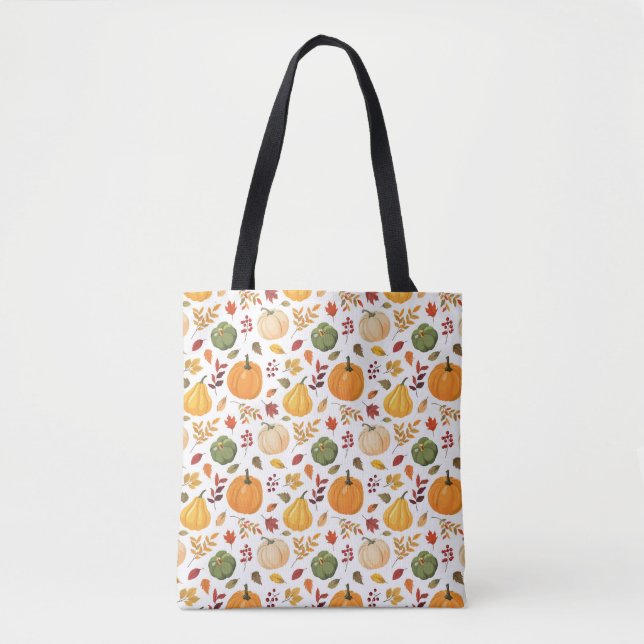 Harvest Pumpkins and Autumn Leaves Pattern Tote Bag (Front)