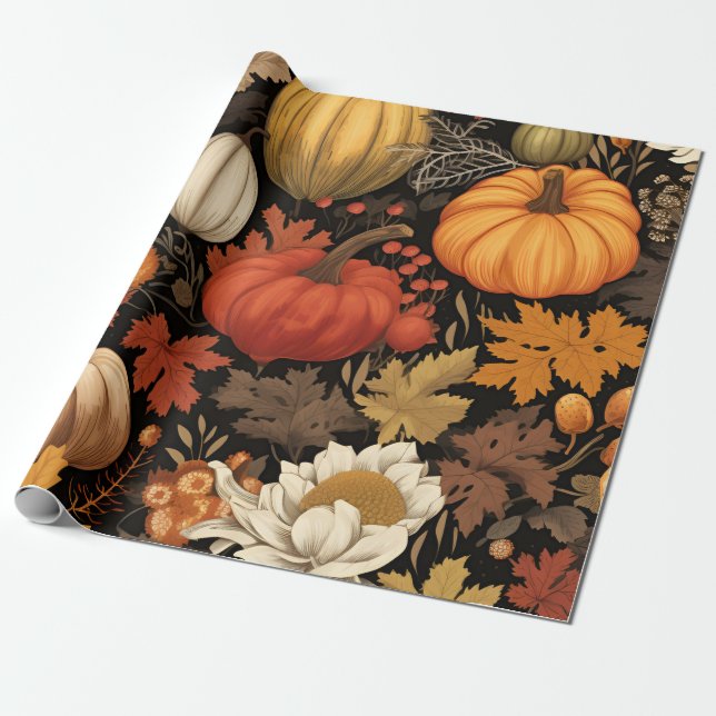Harvest Pumpkins and Autumn Leaves Wrapping Paper (Unrolled)