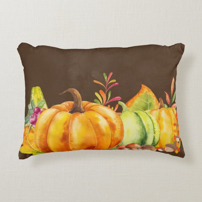 Harvest Pumpkins, Leaves and Foliage Decorative Cushion (Front)